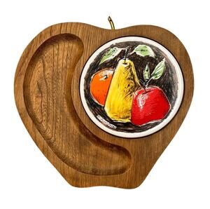 Vintage 70s Wood Cheese Board Server Ceramic Tile Signed Fred Press Sere Fruit